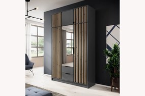Trojdverová skriňa s lamelami a zrkadlom Neria - grafit / dub artisan