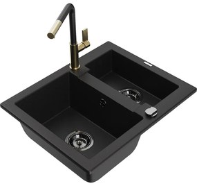 Mexen Carlos, 1,5-komorový granitový drez 582x475x177 mm a drezová batéria Flora, čierna, 6518-77-670401-57-B