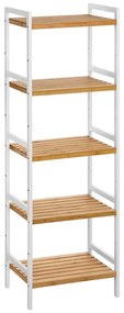 Regál, 5-úrovňový bambusový úložný stojan, prírodný a biely