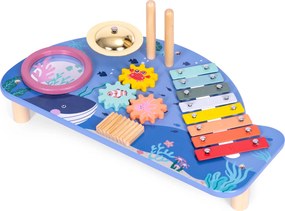Drevený hudobný stolík s 4 nástrojmi pre deti (xylofón, bubon, tarka) – veľryba ECOTOYS
