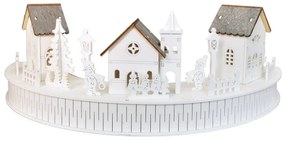 Drevená svietiaca LED dekorácia Dedinka s kostolíkom, 40 x 14 x 20 cm, polkruh