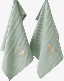 Goldea veľkonočná kuchynská vaflová utierka s výšivkou - kačica na šalviovom 50 x 70 cm