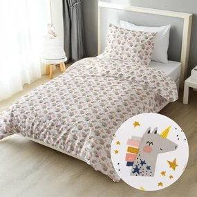 Biante Detské bavlnené posteľné obliečky Sandra SA-562 Spiace jednorožce medzi hviezdičkami na bielom Predĺžené 140x220 a 70x90 cm