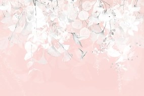 Samolepiaca tapeta listy s kolibríkmi v ružovo-šedom