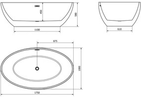 Mexen Nike, voľne stojaca vaňa 175 x 100 cm, biela-čierna, biely prepad, 54071751075-20