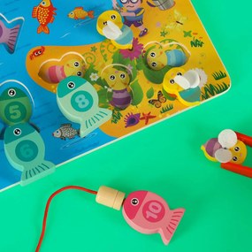 KIK Drevené Montessori puzzle 3v1 – magnetický rybolov, triedenie a počítanie