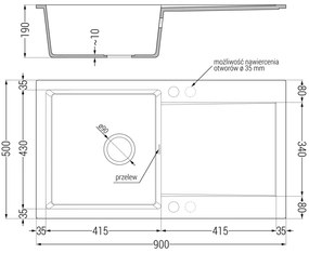 Mexen Leo, drez granitový 900x500x190 mm, 1-komorový, čierna s čiernym sifónom a zlatá drezová batéria Rita, 6501-77-670300-50-B