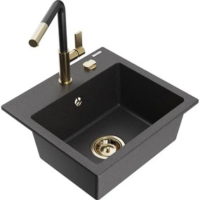 Mexen Milo, 1-komorový granitový drez 435x410x171 mm a drezová batéria Flora, čierna škvrnitá, 6505-76-670401-57-G