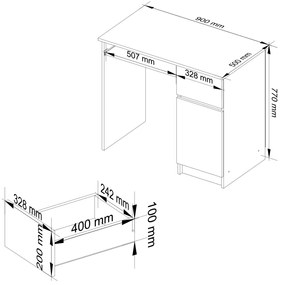 Písací stôl 90 cm PIksel pravý biely/grafit