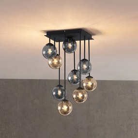 Moderné stropné svietidlo čierne s jantárovým a dymovým sklom 9 svetiel - Atény