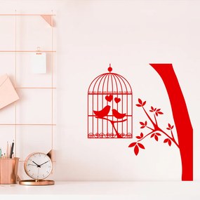 Veselá Stena Samolepka Zamilované vtáčiky v klietke Farba: červená, Veľkosť: 80 x 71 cm