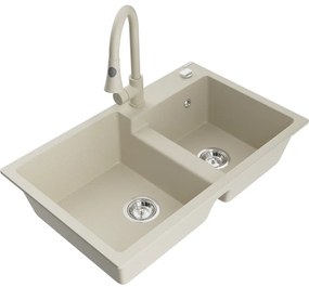Mexen Tomas, 2-komorový granitový drez 800x500x190 mm a drezová batéria Elia, béžová, 6516-69-670101-69