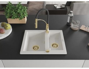Mexen Carlos, 1,5-komorový granitový drez 582x475x177 mm a drezová batéria Aster, biela, 6518-20-73450-57-G