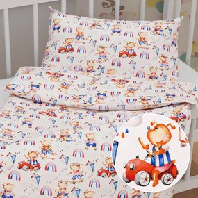 Biante Detské bavlnené posteľné obliečky do postieľky Sandra SA-521 Modro-červení psíkovia s autami na bielom Do postieľky 90x130 a 40x60 cm