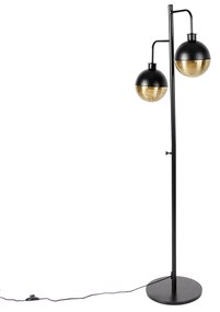 Priemyselná stojaca lampa čierna s mosadzou 2-svetlo - Haicha