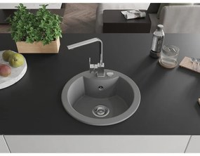 Mexen Diego, 1-komorový granitový drez 488x488x167 mm, chrómový sifón, chrómová batéria Rita, šedá, 6512-71-670300-00