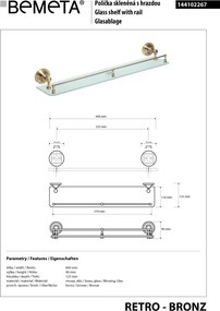 Bemeta Design RETRO bronz: Polička, 600 mm, s hrazdou, sklo - 144102267