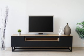 RTV skrinka Loftia 200 cm s otvorom a kovovým rámom - dub artisan / čierny mat