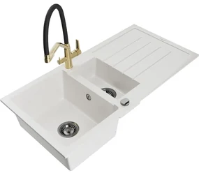 Mexen Andres, granitový drez 1000x500x200 mm, 1,5-komorový a drezová batéria Duo, biela, 6515-20-671701-57-B