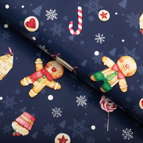 Vianočný PVC obrus Vianočné perníčky a cukrovinky na tmavo modrom PV-194 - metráž š. 140 cm