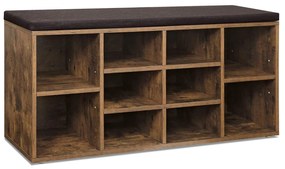 Lavica na topánky s 10 priehradkami, botník s poduškou, 104 x 30 x 48 cm, tmavohnedá farba