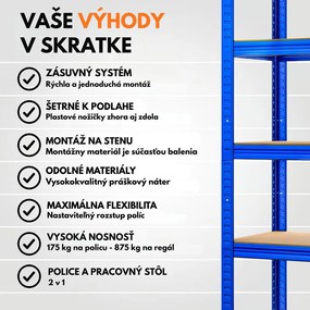 Regál s vysokou nosnosťou HEAVY, max. 875kg, 90x40x180cm, modrá Monzana