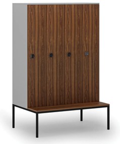Drevená šatníková skrinka S4 s lavičkou, 4 oddiely, 1871 x 1200 x 500/800 mm, demont, kódový zámok, sivá/orech