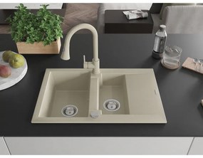 Mexen Gaspar, 1,5-komorový granitový drez 737x475x177 mm a drezová batéria Elia, béžová, 6507-69-670101-69