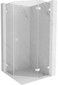 Mexen Lunar, L pravý výklopný päťuholníkový sprchový kút 90 x 90 cm, 8mm číre sklo, biely profil, 831L-090P-090L-20-00-P
