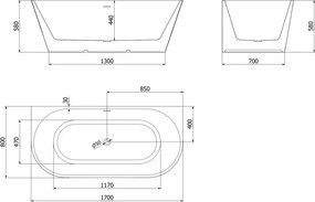 Mexen Oris, voľne stojaca ryhovaná vaňa 170 x 80 cm, biela-šedá, ružové zlato prepad, 52871708062-60