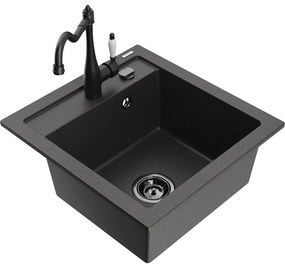 Mexen Vito, granitový drez 490x520x210 mm, 1-komorový a drezová batéria Carla, čierna škvrnitá, 6503-76-670700-70-B