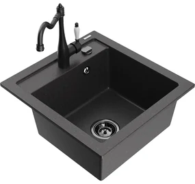 Mexen Vito, granitový drez 490x520x210 mm, 1-komorový a drezová batéria Carla, čierna škvrnitá, 6503-76-670700-70-B