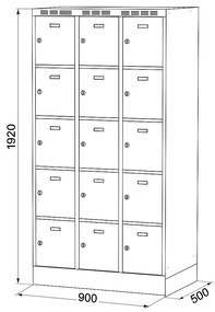 Alfa 3 Šatníková skrinka na sokli s úložnými boxami, 15 boxov, 1920 x 900 x 500 mm, otočný zámok, tmavosivé dvere