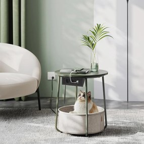 Okrúhly príručný stolík s nabíjacou stanicou, malý stolík so zásuvkou, lesná zelená a krémová biela