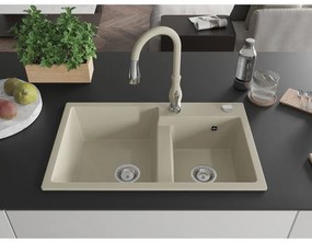 Mexen Tomas, granitový drez 800x500x190 mm, 2-komorový a drezová batéria Savita, béžová, 6516-69-672601-69
