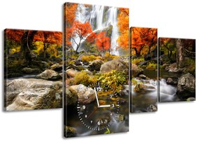 Gario Obraz s hodinami Jesenný vodopád - 4 dielny Rozmery: 120 x 70 cm