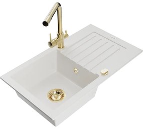 Mexen Pablo, granitový drez 752x436x161 mm, 1-komorový a zlatá batéria Duero, biela, 6510-20-671600-50