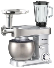 MEGAKOMBO BestBerg BBR-2000S multifunkčný kuchynský robot s nástavcami na cestoviny + 15-dielna sada hrncov a panvíc s nepriľnavým povrchom z nehrdzavejúcej ocele BestBerg BBSC-15 / strieborná