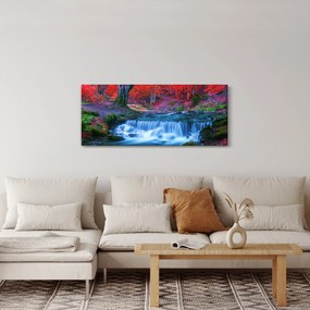 Obraz vodopádu v červenom lese (120x50 cm)