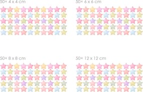 Akvarelové hviezdy, pastelové, 50 ks textilní prelepiteľné nálepky na stenu 50 ks 4x4 cm
