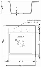 Mexen Vito, granitový drez 520x490x210 mm, 1-komorový, šedá so zlatým sifónom, 6503521000-71-G