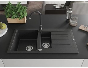 Mexen Matias, 1,5-komorový granitový drez s odkvapkávačom 90x50 cm a kuchynskou batériou Telma, čierna so sriebornými bodkami, 6502-73-670200-70