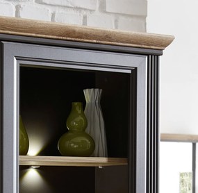 Nástavná vitrína s priehradkami Jasmin, grafit/dub, s osvetlením