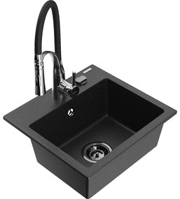 Mexen Milo, 1-komorový granitový drez 435x410x171 mm a drezová batéria Aster, čierna-strieborná metalíza, 6505-73-73450-07-B