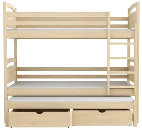 Detská poschodová posteľ z masívu borovice OLÍVIE s prístelkou a šuplíkmi - 200x90 cm - PRÍRODNÁ BOROVICA