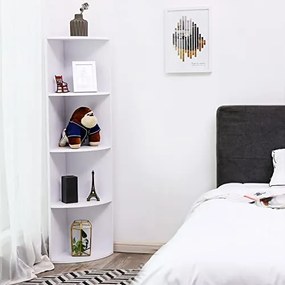 Rohový regál, 4 police, 129,5x30x30cm, biely