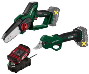 Parkside®  Aku reťazová píla – bez akumulátora + Aku nožnice na konáre – bez akumulátora +Akumulátor 20 V/2Ah + Nabíjačka 2,4 A  (800009789)