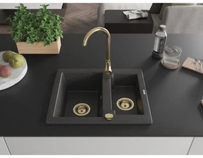 Mexen Carlos, granitový drez 582x475x177 mm, 1,5-komorový, čierna škvrnitá so zlatým sifónom, 6518581500-76-G