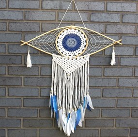 Ochranný Lapač Snov -Stredný - Macramé - Biela / Modrá / Šedá