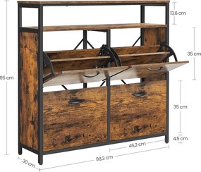 Skrinka na topánky, úžky botník so 4 dvierkami, rustikálny hnedý